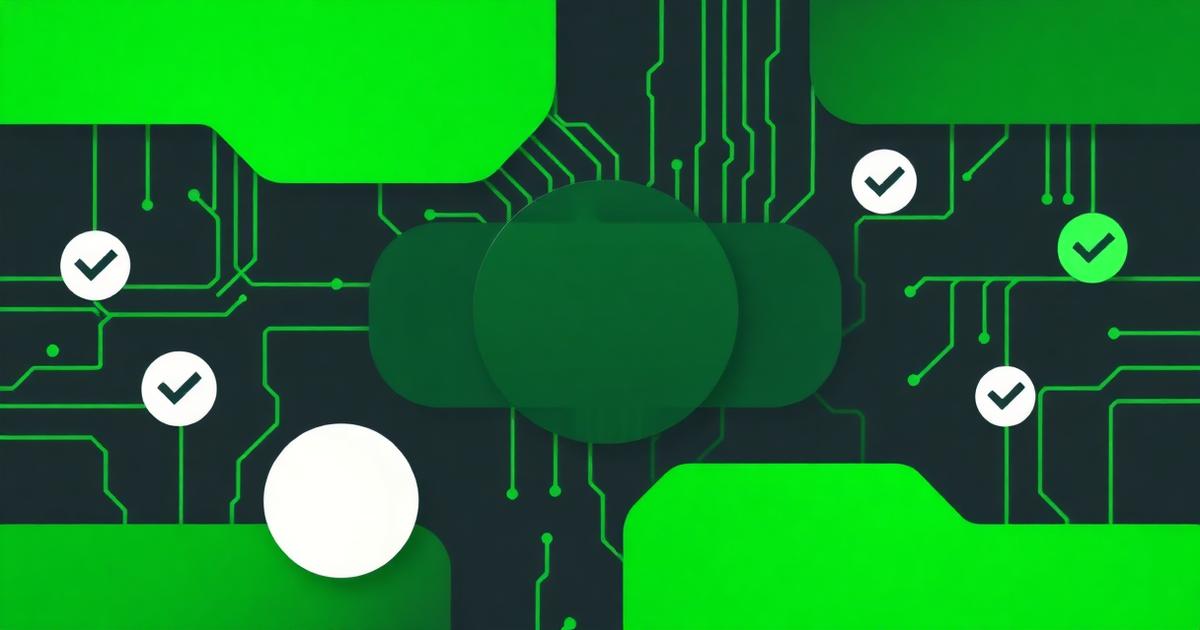 Rounded panels with check marks over a green circuit pattern